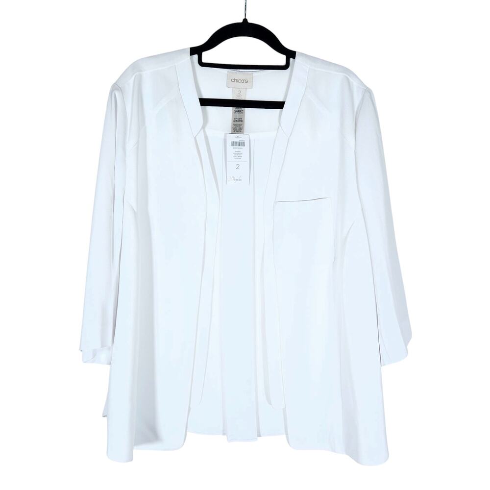 Chicos Womens Jacket Blazer Large 2 White Lightweight Open Front Work Classic